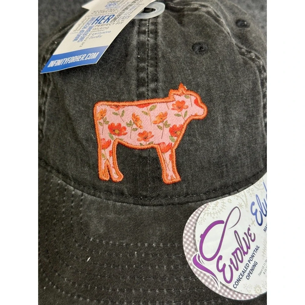 Infinity Her Women Flower Cow Cap Hat Concealed Ponytail Black Fade Farm Country